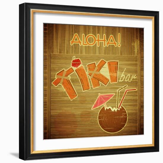 Retro Design Tiki Bar Menu On Wooden Background-elfivetrov-Framed Premium Giclee Print