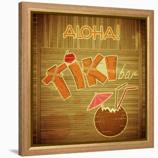 Retro Design Tiki Bar Menu On Wooden Background-elfivetrov-Framed Stretched Canvas