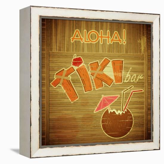 Retro Design Tiki Bar Menu On Wooden Background-elfivetrov-Framed Stretched Canvas