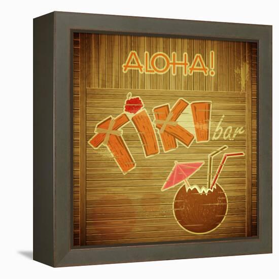 Retro Design Tiki Bar Menu On Wooden Background-elfivetrov-Framed Stretched Canvas