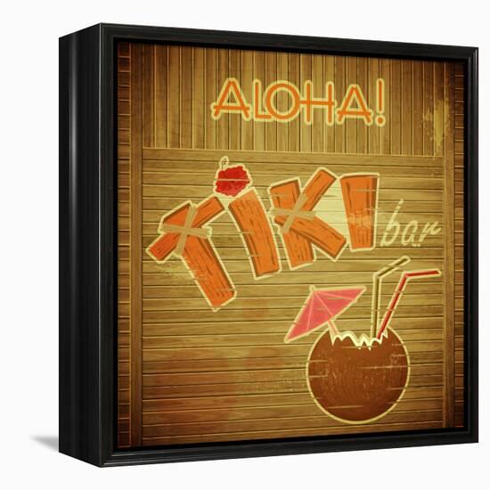 Retro Design Tiki Bar Menu On Wooden Background-elfivetrov-Framed Stretched Canvas