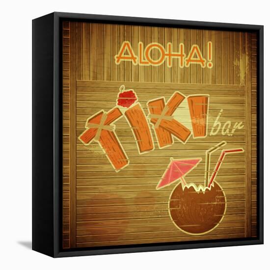 Retro Design Tiki Bar Menu On Wooden Background-elfivetrov-Framed Stretched Canvas