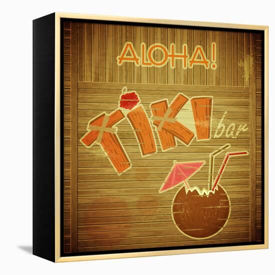 Retro Design Tiki Bar Menu On Wooden Background-elfivetrov-Framed Stretched Canvas