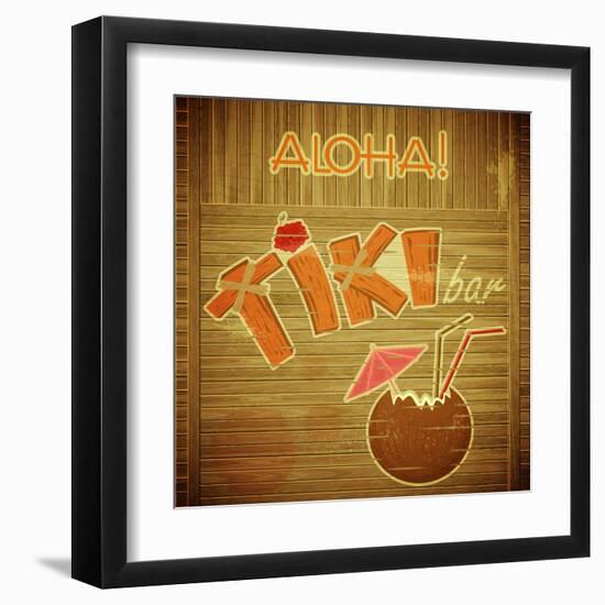 Retro Design Tiki Bar Menu On Wooden Background-elfivetrov-Framed Art Print