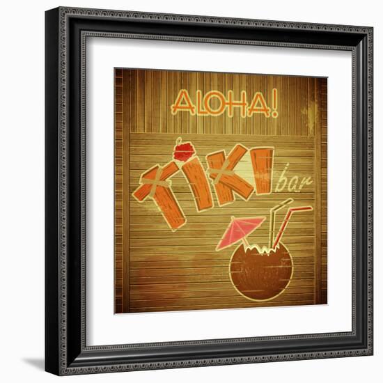 Retro Design Tiki Bar Menu On Wooden Background-elfivetrov-Framed Art Print