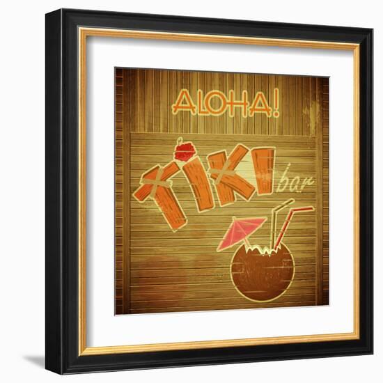 Retro Design Tiki Bar Menu On Wooden Background-elfivetrov-Framed Art Print