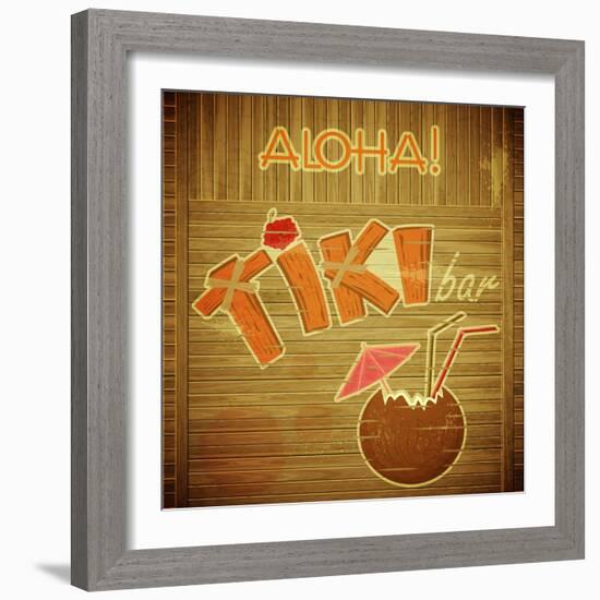 Retro Design Tiki Bar Menu On Wooden Background-elfivetrov-Framed Art Print