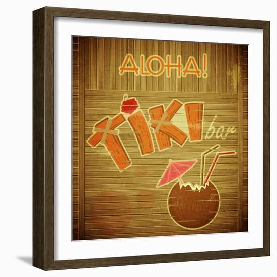 Retro Design Tiki Bar Menu On Wooden Background-elfivetrov-Framed Art Print