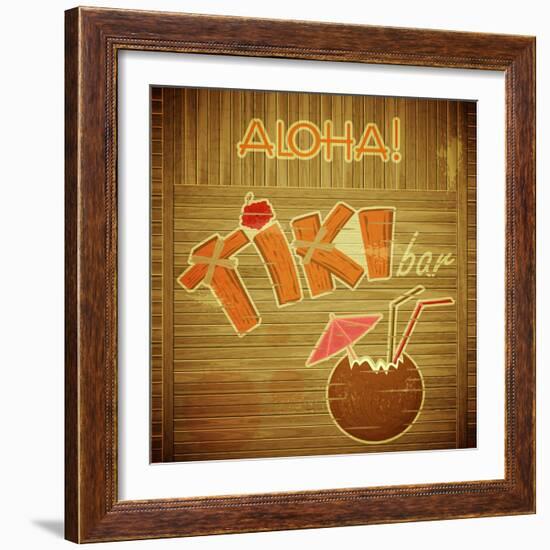 Retro Design Tiki Bar Menu On Wooden Background-elfivetrov-Framed Art Print