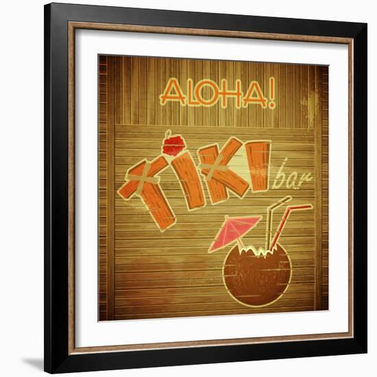 Retro Design Tiki Bar Menu On Wooden Background-elfivetrov-Framed Art Print