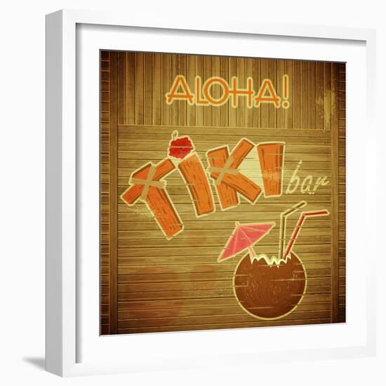 Retro Design Tiki Bar Menu On Wooden Background-elfivetrov-Framed Art Print