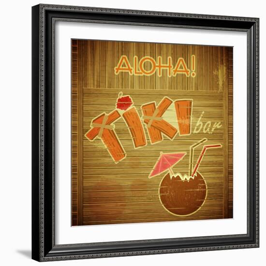 Retro Design Tiki Bar Menu On Wooden Background-elfivetrov-Framed Art Print