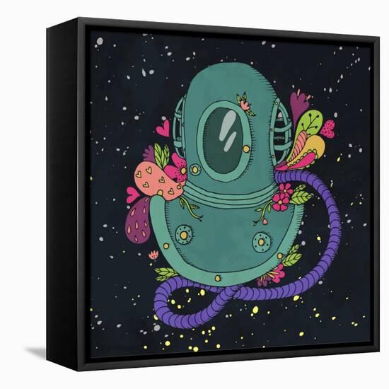 Retro Diving Suit with Abstract Elements and Flowers. Space Background. Vector Illustration.-Maria Sem-Framed Stretched Canvas