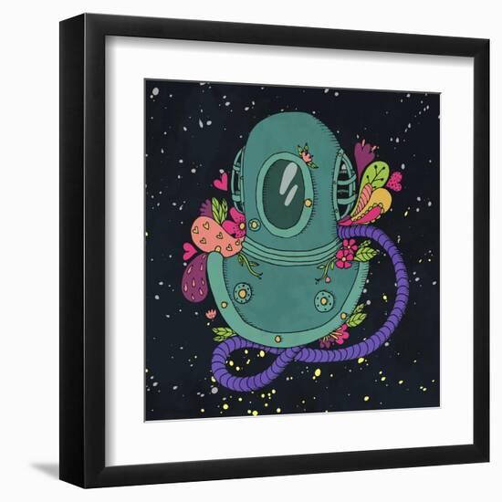 Retro Diving Suit with Abstract Elements and Flowers. Space Background. Vector Illustration.-Maria Sem-Framed Art Print