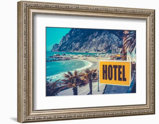 Retro Euro Beach Hotel Sign-Mr Doomits-Framed Photographic Print