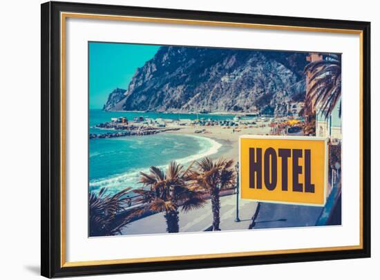 Retro Euro Beach Hotel Sign-Mr Doomits-Framed Photographic Print