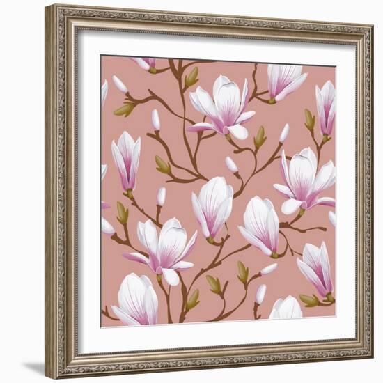 Retro Flower Seamless Pattern - Magnolia. Vector. Easy to Edit.-Pagina-Framed Art Print