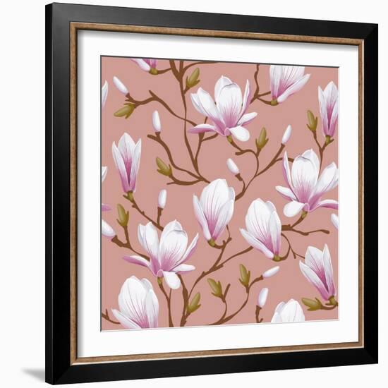 Retro Flower Seamless Pattern - Magnolia. Vector. Easy to Edit.-Pagina-Framed Art Print