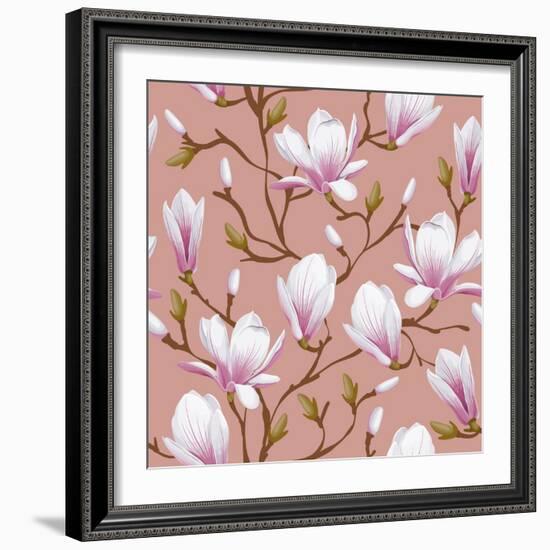 Retro Flower Seamless Pattern - Magnolia. Vector. Easy to Edit.-Pagina-Framed Art Print