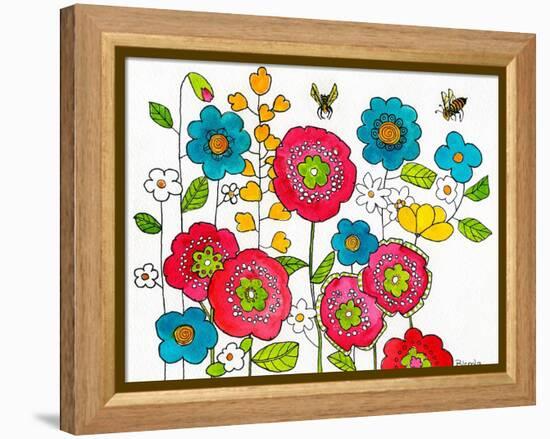 Retro Flowers and Two Bees-Blenda Tyvoll-Framed Stretched Canvas