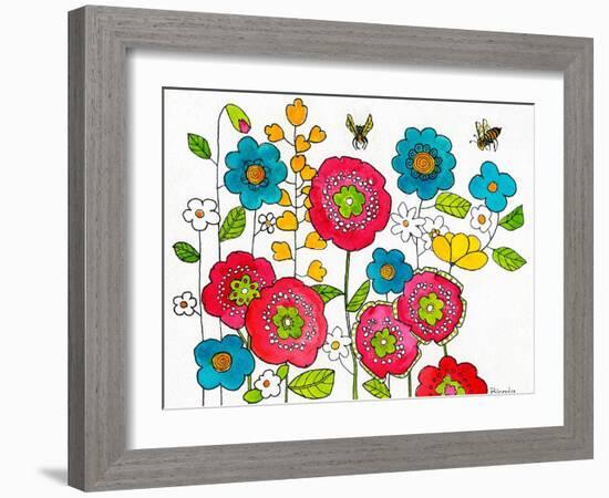 Retro Flowers and Two Bees-Blenda Tyvoll-Framed Art Print