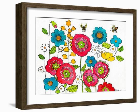 Retro Flowers and Two Bees-Blenda Tyvoll-Framed Art Print