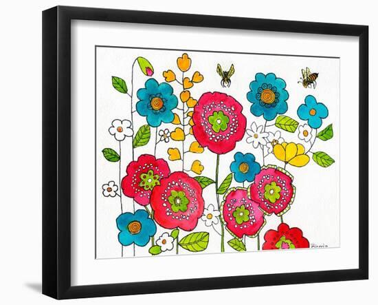 Retro Flowers and Two Bees-Blenda Tyvoll-Framed Art Print