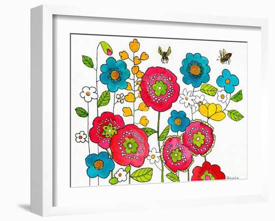 Retro Flowers and Two Bees-Blenda Tyvoll-Framed Art Print