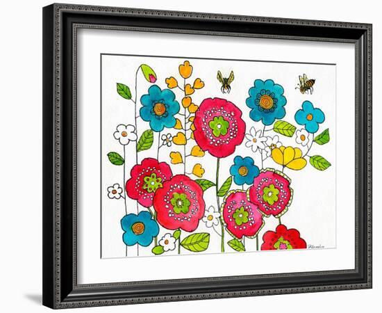 Retro Flowers and Two Bees-Blenda Tyvoll-Framed Art Print