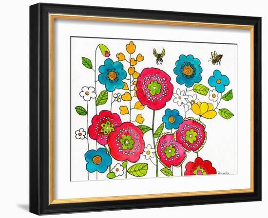 Retro Flowers and Two Bees-Blenda Tyvoll-Framed Art Print