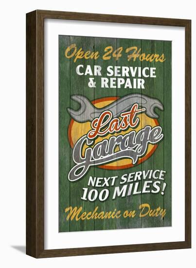 Retro Garage Ad - Vintage Wooden Sign-Lantern Press-Framed Art Print