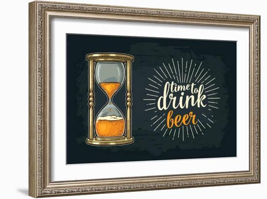 Retro Hourglass. Time to Drink Beer Lettering. Vector Color Vintage Illustration Outline. Isolated-MoreVector-Framed Art Print