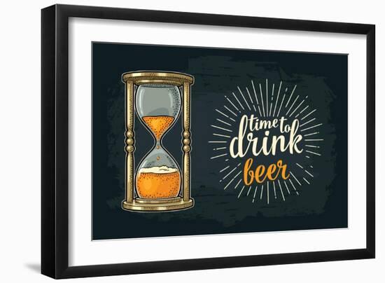 Retro Hourglass. Time to Drink Beer Lettering. Vector Color Vintage Illustration Outline. Isolated-MoreVector-Framed Art Print