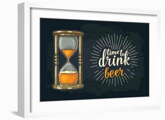 Retro Hourglass. Time to Drink Beer Lettering. Vector Color Vintage Illustration Outline. Isolated-MoreVector-Framed Art Print