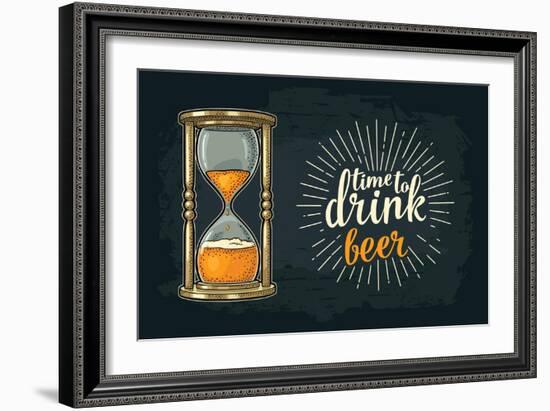 Retro Hourglass. Time to Drink Beer Lettering. Vector Color Vintage Illustration Outline. Isolated-MoreVector-Framed Art Print