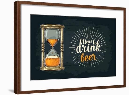 Retro Hourglass. Time to Drink Beer Lettering. Vector Color Vintage Illustration Outline. Isolated-MoreVector-Framed Art Print