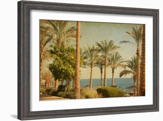 Retro Image Of Beach With Date Palms Amid The Blue Sea And Sky. Paper Texture-A_nella-Framed Art Print