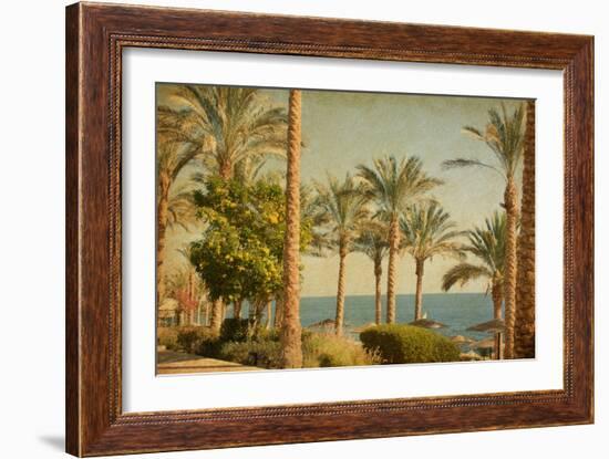 Retro Image Of Beach With Date Palms Amid The Blue Sea And Sky. Paper Texture-A_nella-Framed Art Print