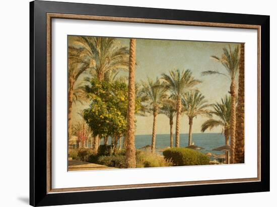 Retro Image Of Beach With Date Palms Amid The Blue Sea And Sky. Paper Texture-A_nella-Framed Art Print