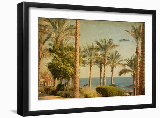 Retro Image Of Beach With Date Palms Amid The Blue Sea And Sky. Paper Texture-A_nella-Framed Art Print