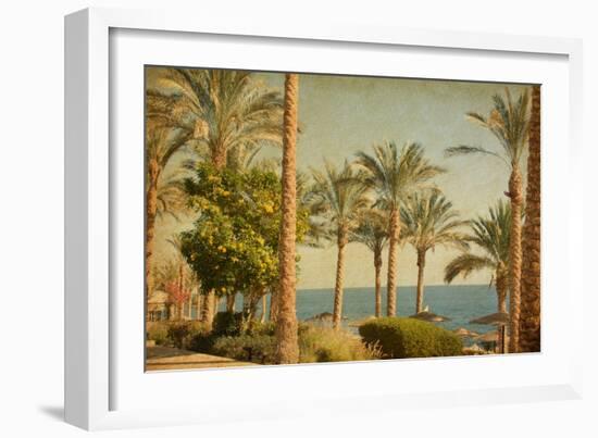 Retro Image Of Beach With Date Palms Amid The Blue Sea And Sky. Paper Texture-A_nella-Framed Art Print