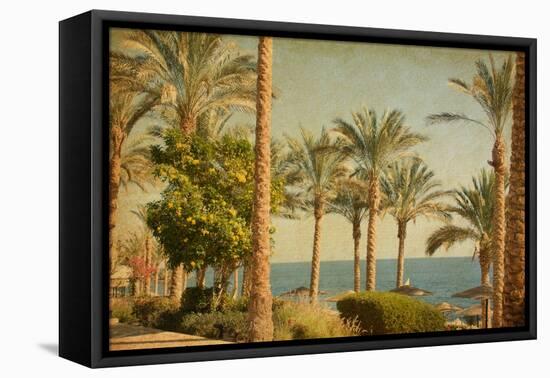 Retro Image Of Beach With Date Palms Amid The Blue Sea And Sky. Paper Texture-A_nella-Framed Stretched Canvas