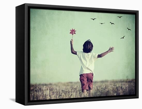 Retro Image of Happy Cheerful Carefree Kid in Nature-zurijeta-Framed Premier Image Canvas
