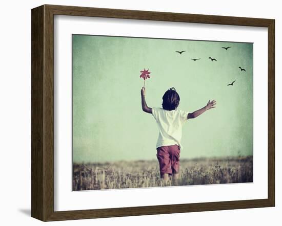 Retro Image of Happy Cheerful Carefree Kid in Nature-zurijeta-Framed Photographic Print