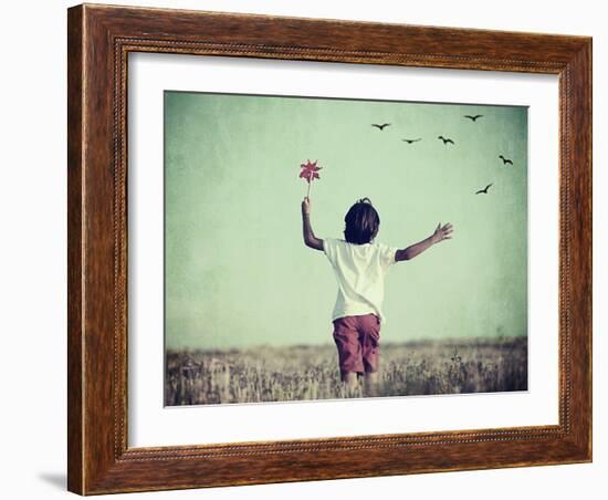 Retro Image of Happy Cheerful Carefree Kid in Nature-zurijeta-Framed Photographic Print