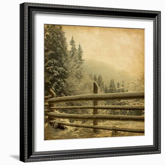 Retro Image Of Winter Landscape In The Carpathians Mountains. Vintage Paper-A_nella-Framed Art Print