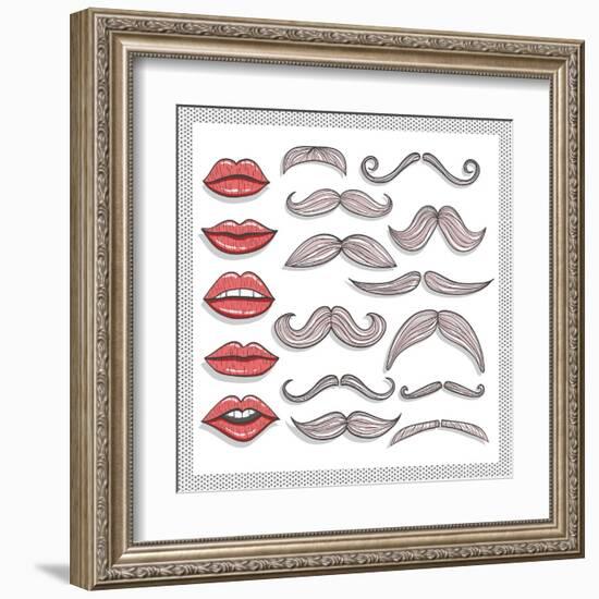 Retro Lips And Mustaches Elements Set-cherry blossom girl-Framed Art Print