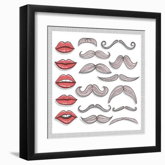 Retro Lips And Mustaches Elements Set-cherry blossom girl-Framed Art Print