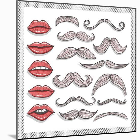 Retro Lips And Mustaches Elements Set-cherry blossom girl-Mounted Art Print