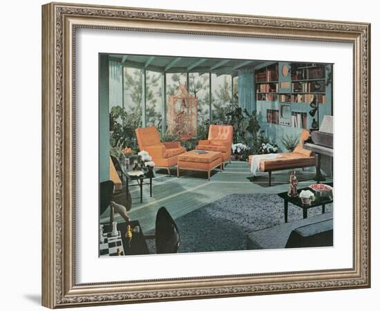 Retro Living Room with Bird Cage-null-Framed Art Print